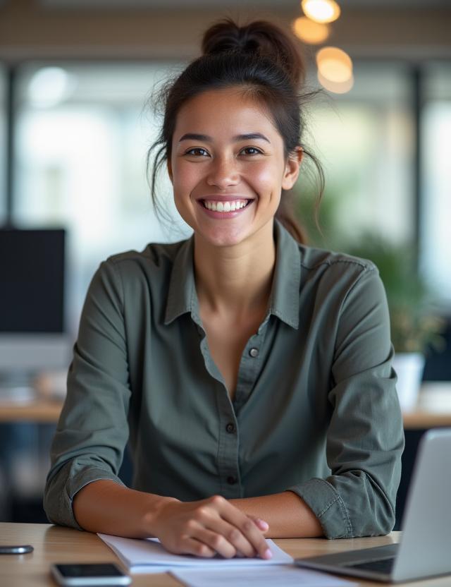 Seorang pekerja pejabat sedang tersenyum di mejanya.