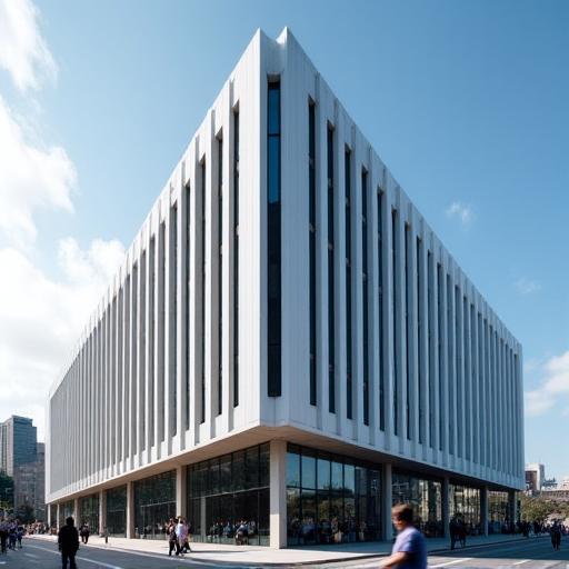 Gambar bangunan moden dengan garisan seni bina yang tajam.